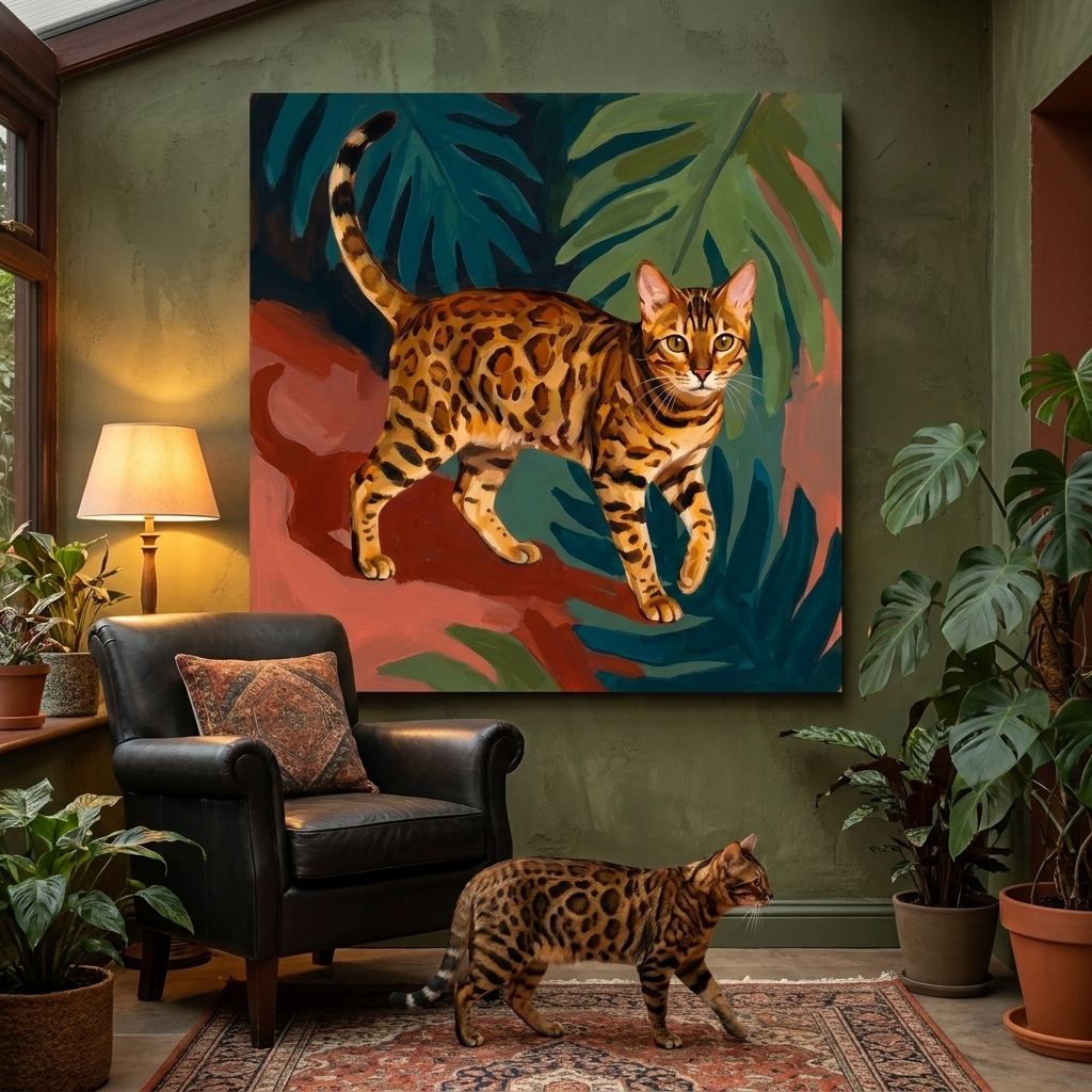 Gouache Canvas room mockup; custom cat portrait canvas from photo in the Gouache style; nature-themed; spotted tabby-like cat; proof before print.