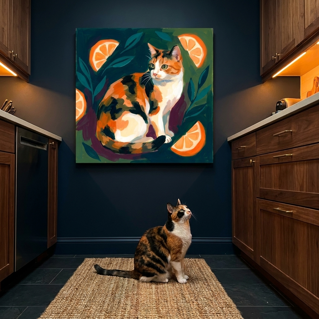 Gouache Canvas room mockup; custom cat portrait canvas from photo in the Gouache style; kitchen-themed; calico cat; proof before print.