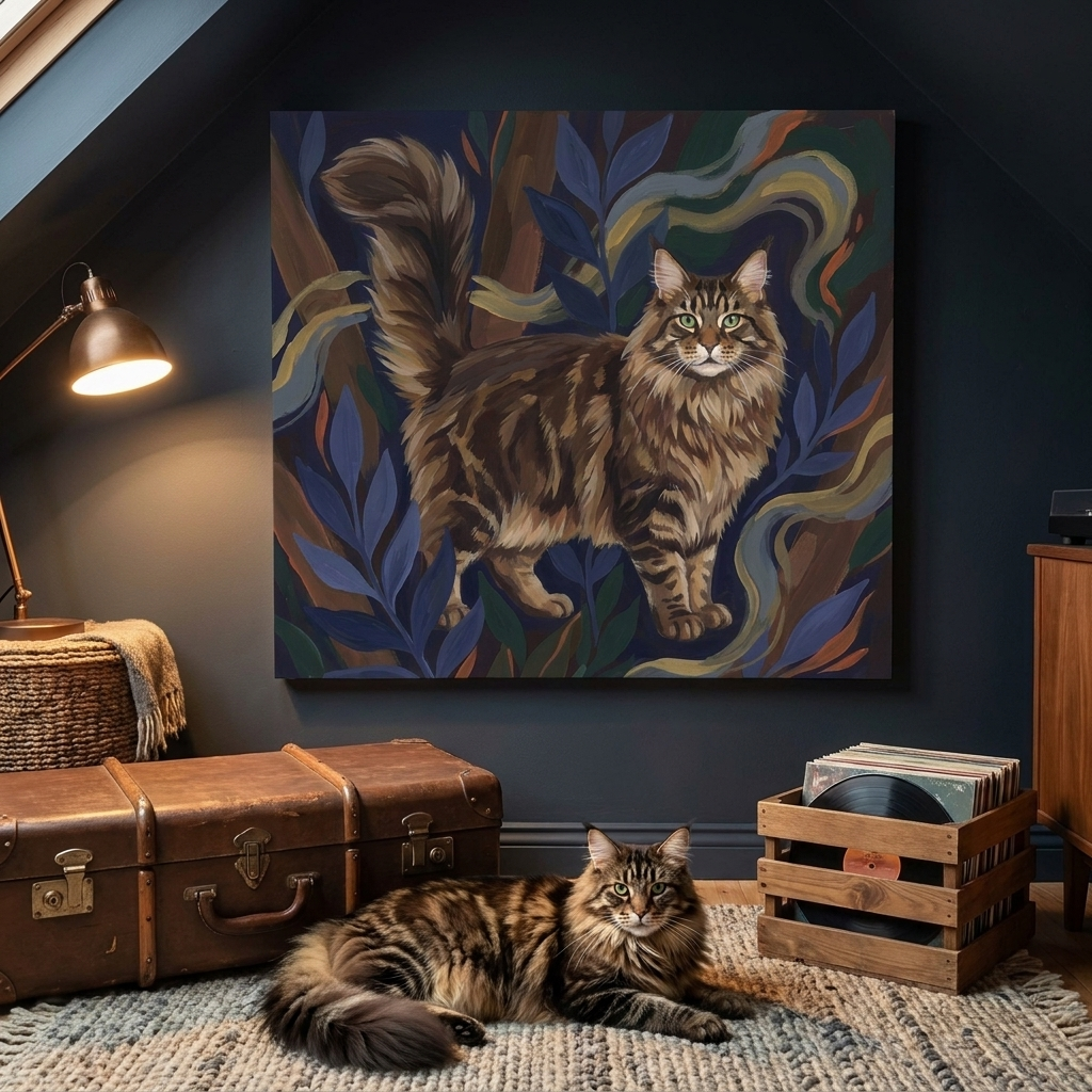 Gouache Canvas room mockup; custom cat portrait canvas from photo in the Gouache style; longhair cat; proof before print.