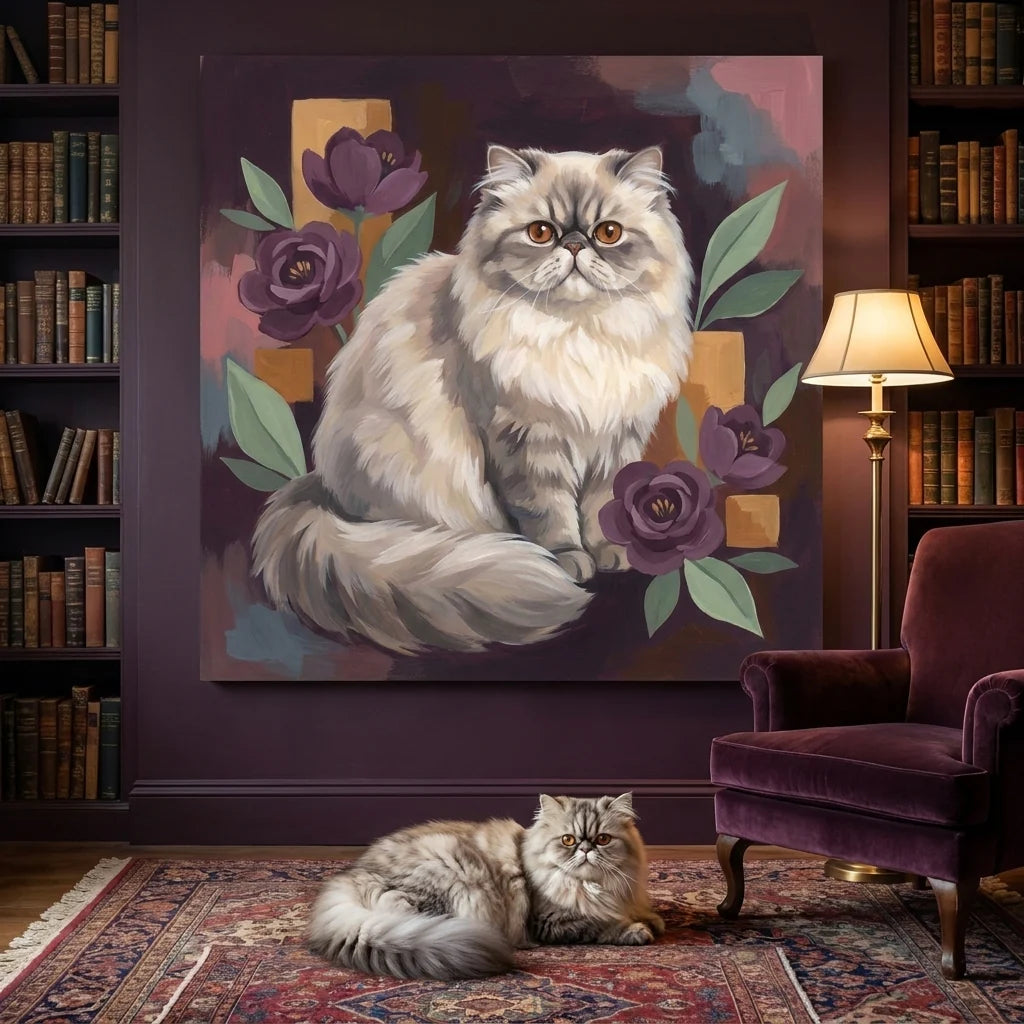 Gouache Canvas room mockup; custom cat portrait canvas from photo in the Gouache style; longhair cat; proof before print.