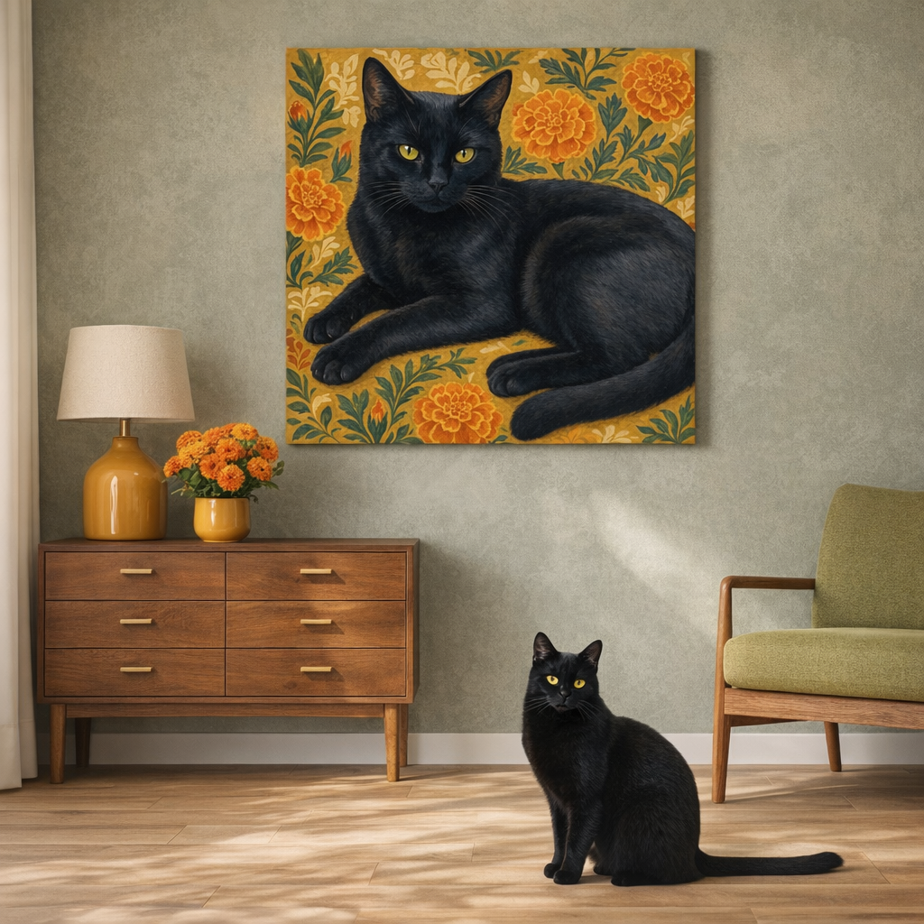 Gouache Canvas room mockup; custom cat portrait canvas from photo in the Gouache style; black cat; proof before print.