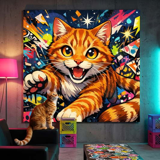 Graffiti Pop Joy Canvas room mockup; custom cat portrait canvas from photo in the Graffiti Pop Joy style; orange tabby cat; proof before print.