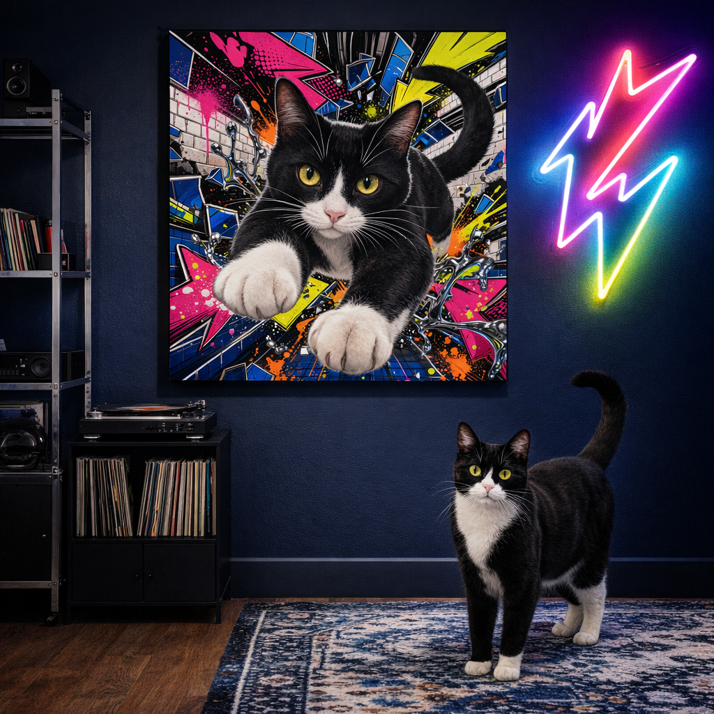 Graffiti Pop Joy Canvas room mockup; custom cat portrait canvas from photo in the Graffiti Pop Joy style; tuxedo cat; proof before print.