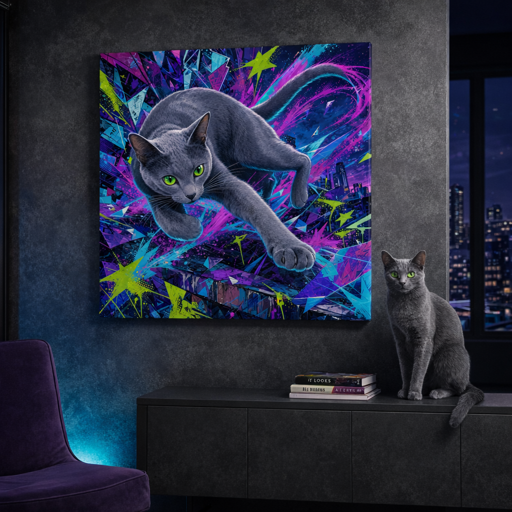 Graffiti Pop Joy Canvas room mockup; custom cat portrait canvas from photo in the Graffiti Pop Joy style; gray cat; proof before print.