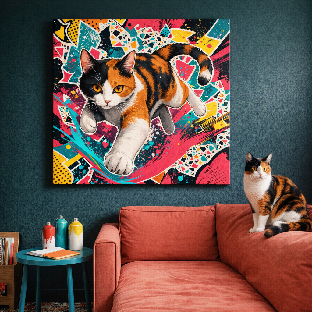Graffiti Pop Joy Canvas room mockup; custom cat portrait canvas from photo in the Graffiti Pop Joy style; broadcast-themed; calico cat; proof before print.