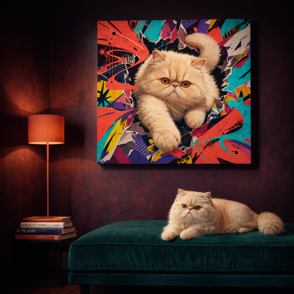 Graffiti Pop Joy Canvas room mockup; custom cat portrait canvas from photo in the Graffiti Pop Joy style; longhair cat; proof before print.