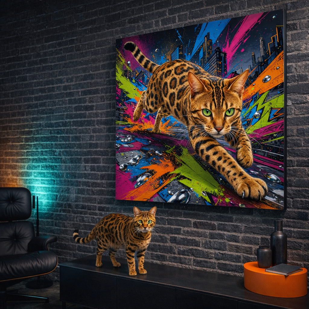 Graffiti Pop Joy Canvas room mockup; custom cat portrait canvas from photo in the Graffiti Pop Joy style; spotted tabby-like cat; proof before print.