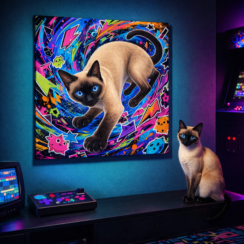 Graffiti Pop Joy Canvas room mockup; custom cat portrait canvas from photo in the Graffiti Pop Joy style; pointed cat; proof before print.