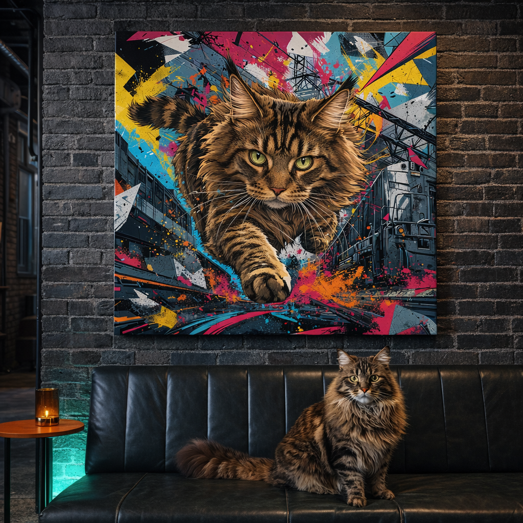Graffiti Pop Joy Canvas room mockup; custom cat portrait canvas from photo in the Graffiti Pop Joy style; longhair cat; proof before print.