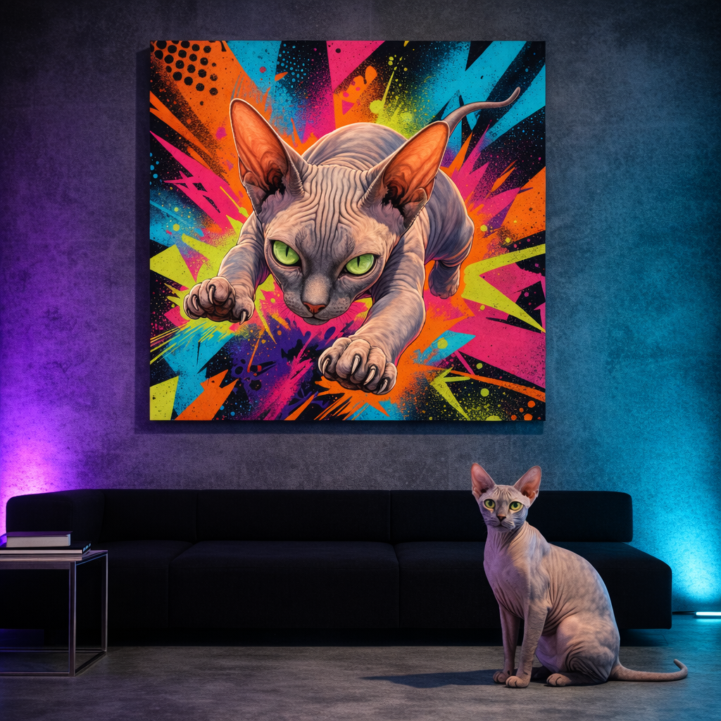 Graffiti Pop Joy Canvas room mockup; custom cat portrait canvas from photo in the Graffiti Pop Joy style; broadcast-themed; hairless cat; proof before print.