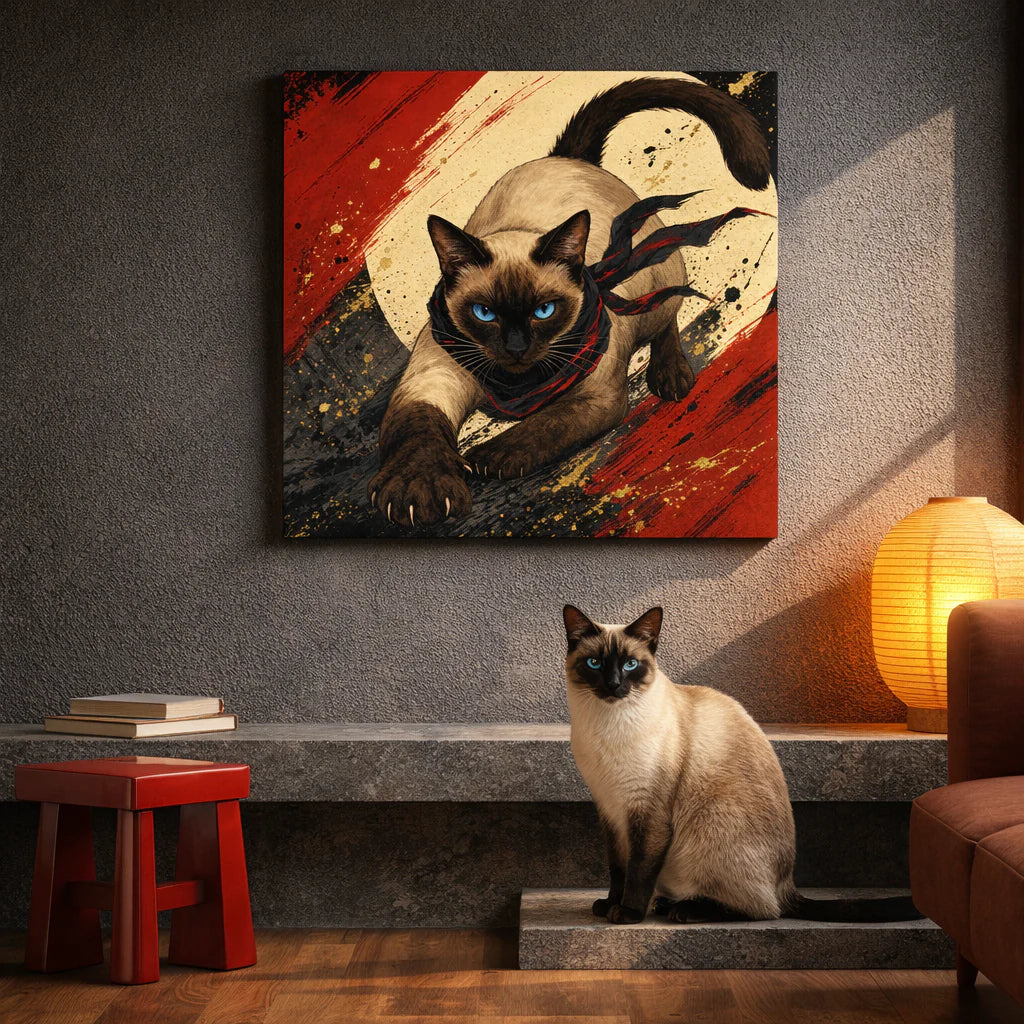 Graphic Ninja Canvas room mockup; custom cat portrait canvas from photo in the Graphic Ninja style; ninja-themed; pointed cat; proof before print.