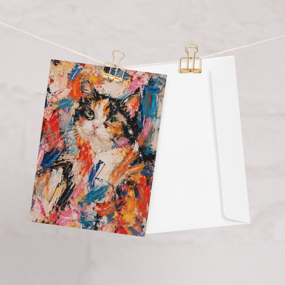 Custom cat portrait greeting card, Abstract Expressionism style, lifestyle