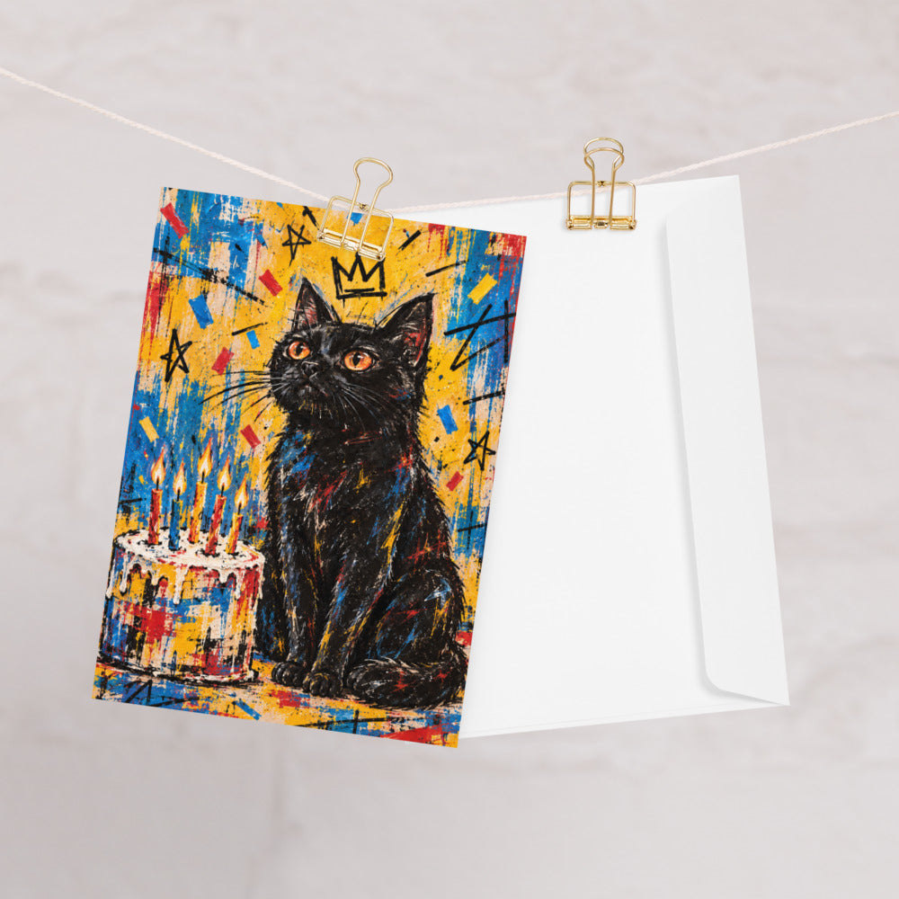 Custom cat portrait greeting card, Basquiat style, lifestyle