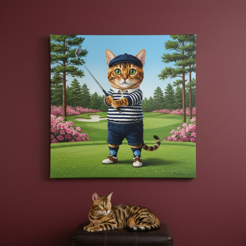 Playful Golf Swing Canvas room mockup; custom cat portrait canvas from photo in the Playful Golf Swing style; spotted tabby-like cat; proof before print.