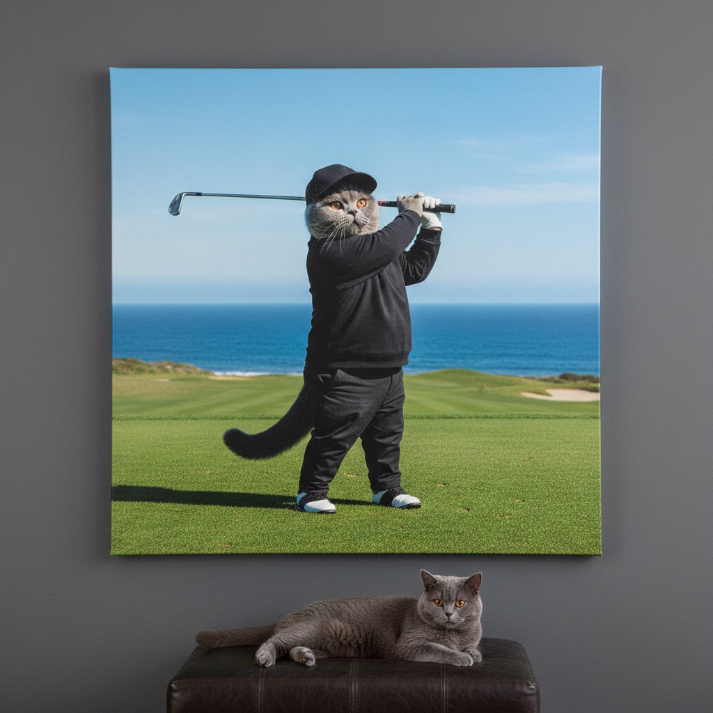 Playful Golf Swing Canvas room mockup; custom cat portrait canvas from photo in the Playful Golf Swing style; gray cat; proof before print.