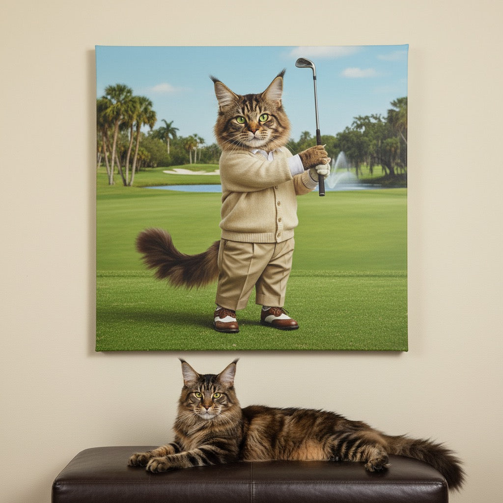 Playful Golf Swing Canvas room mockup; custom cat portrait canvas from photo in the Playful Golf Swing style; longhair cat; proof before print.