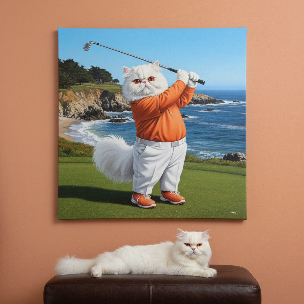 Playful Golf Swing Canvas room mockup; custom cat portrait canvas from photo in the Playful Golf Swing style; longhair cat; proof before print.