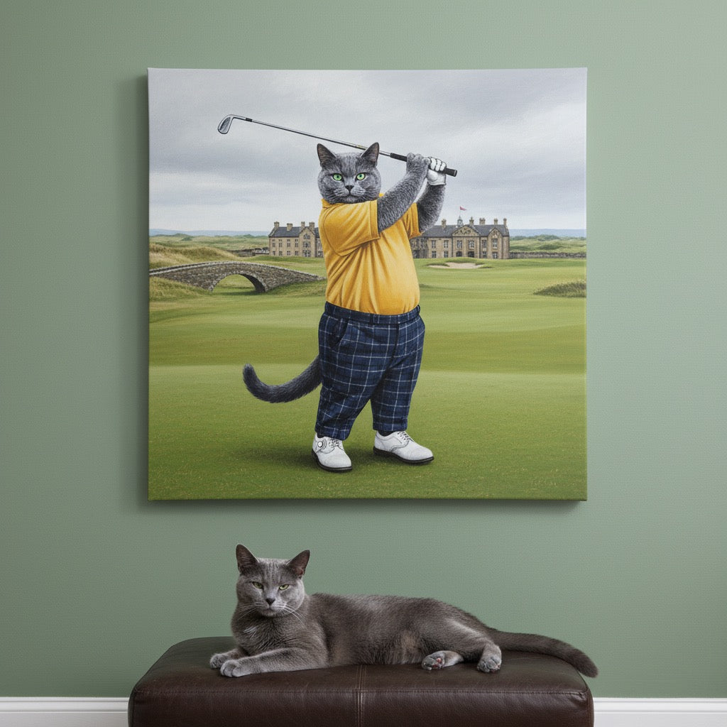 Playful Golf Swing Canvas room mockup; custom cat portrait canvas from photo in the Playful Golf Swing style; gray cat; proof before print.