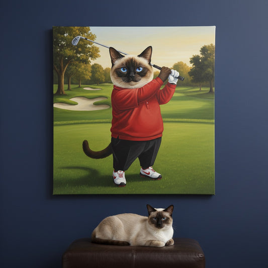 Playful Golf Swing Canvas room mockup; custom cat portrait canvas from photo in the Playful Golf Swing style; nature-themed; pointed cat; proof before print.