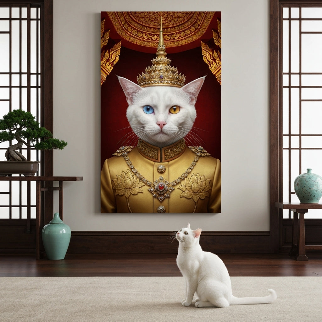 The Sovereign Canvas room mockup; custom cat portrait canvas from photo in the The Sovereign style; white cat; proof before print.