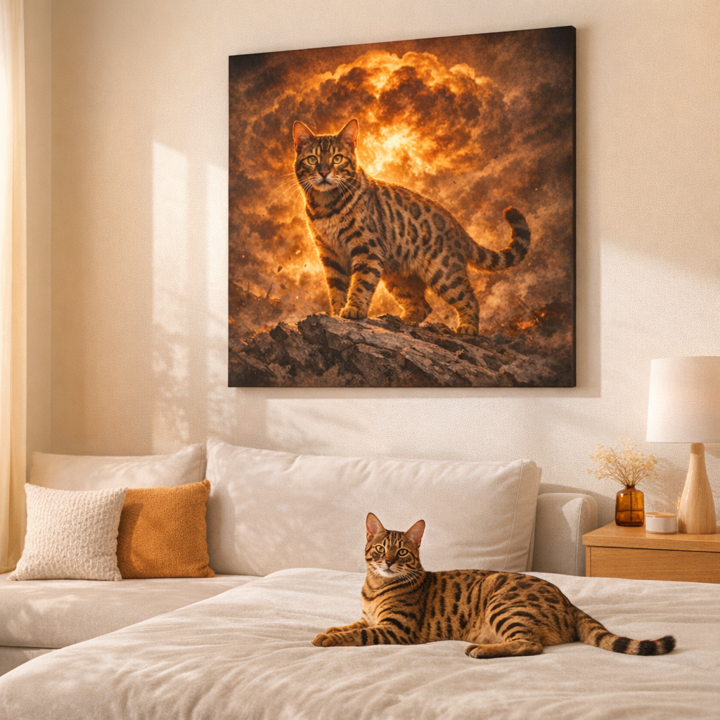 Lightfall Contrast Canvas room mockup; custom cat portrait canvas from photo in the Lightfall Contrast style; spotted tabby-like cat; proof before print.