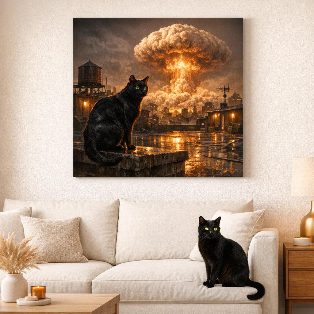 Lightfall Contrast Canvas room mockup; custom cat portrait canvas from photo in the Lightfall Contrast style; detective-themed; black cat; proof before print.