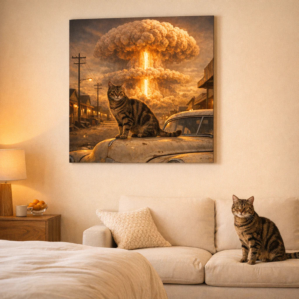 Lightfall Contrast Canvas room mockup; custom cat portrait canvas from photo in the Lightfall Contrast style; brown tabby cat; proof before print.