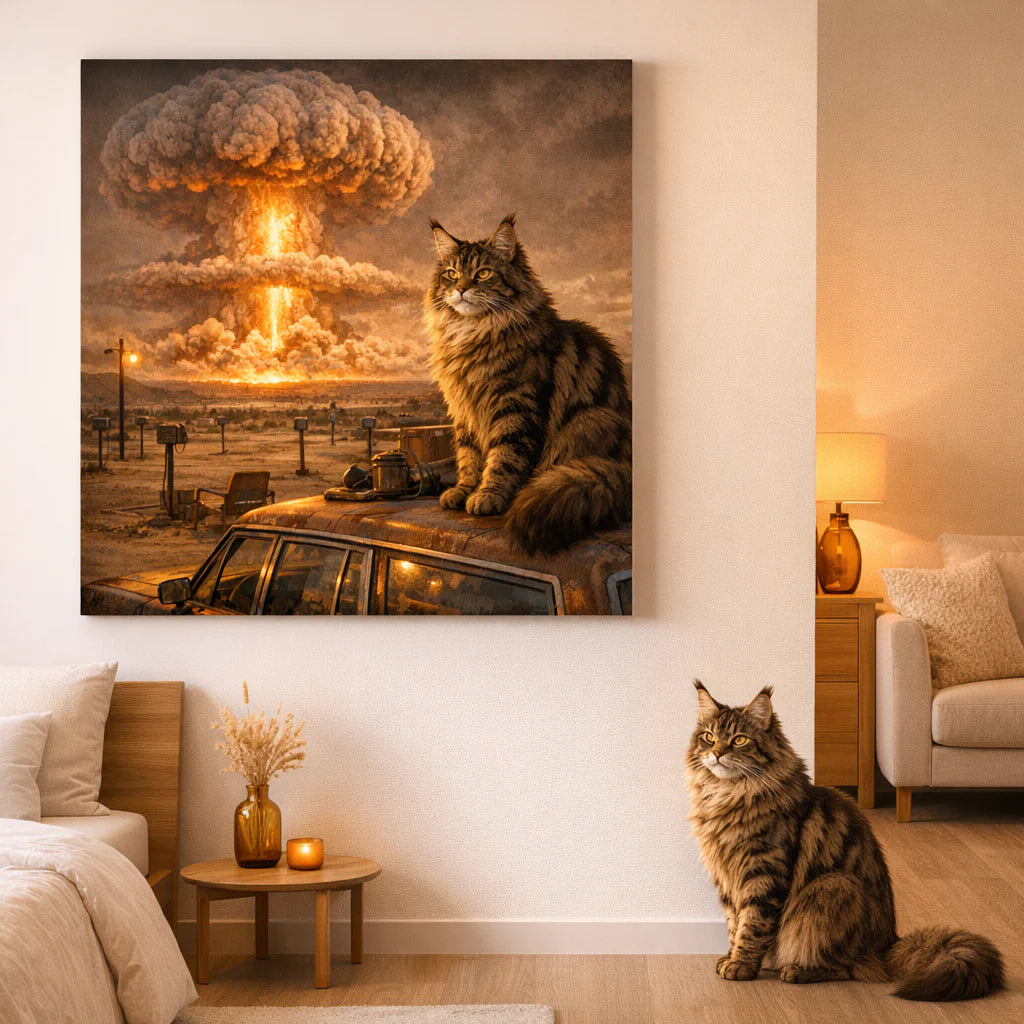 Lightfall Contrast Canvas room mockup; custom cat portrait canvas from photo in the Lightfall Contrast style; longhair cat; proof before print.