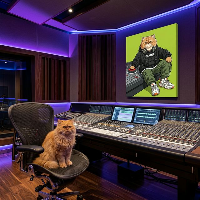 Luxury Streetwear Icon Canvas room mockup; custom cat portrait canvas from photo in the Luxury Streetwear Icon style; broadcast-themed; black cat; proof before print.