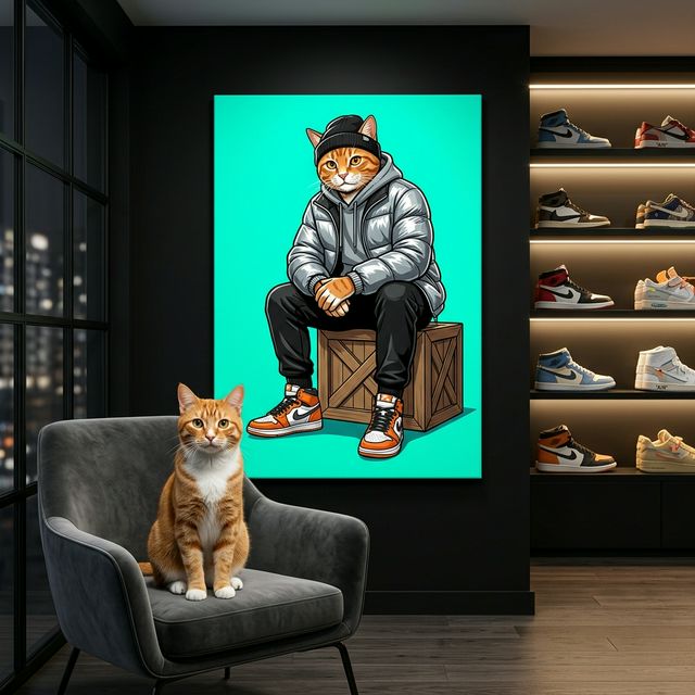 Luxury Streetwear Icon Canvas room mockup; custom cat portrait canvas from photo in the Luxury Streetwear Icon style; orange tabby cat; proof before print.
