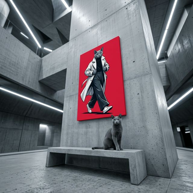 Luxury Streetwear Icon Canvas room mockup; custom cat portrait canvas from photo in the Luxury Streetwear Icon style; gray cat; proof before print.