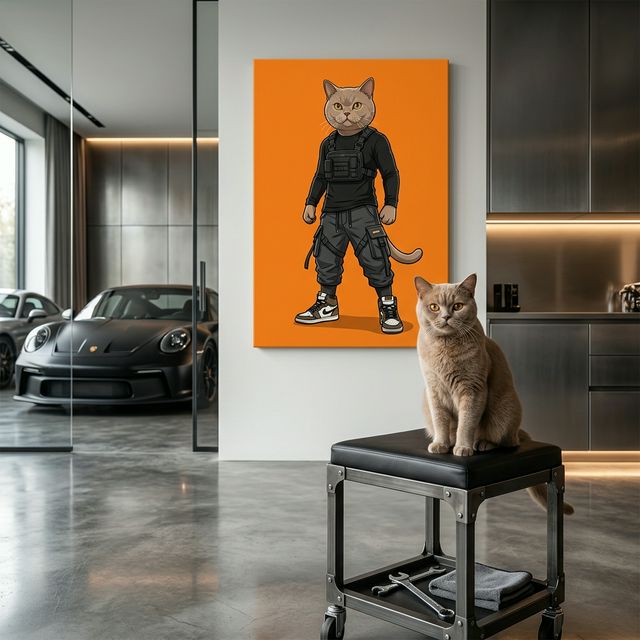 Luxury Streetwear Icon Canvas room mockup; custom cat portrait canvas from photo in the Luxury Streetwear Icon style; black cat; proof before print.