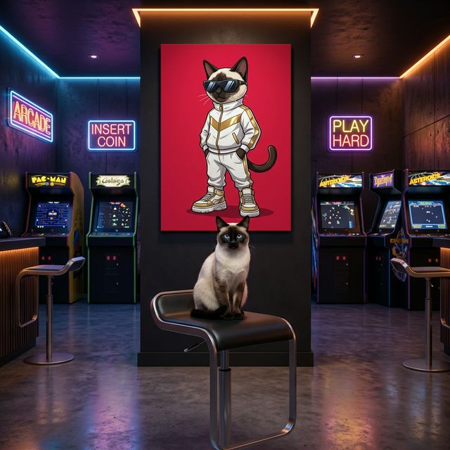 Luxury Streetwear Icon Canvas room mockup; custom cat portrait canvas from photo in the Luxury Streetwear Icon style; pointed cat; proof before print.