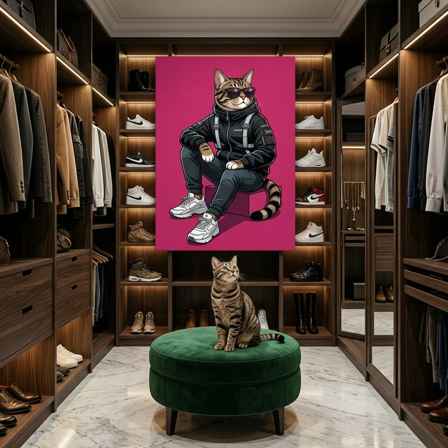Luxury Streetwear Icon Canvas room mockup; custom cat portrait canvas from photo in the Luxury Streetwear Icon style; tabby cat; proof before print.