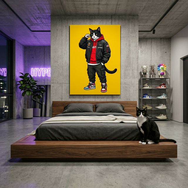Luxury Streetwear Icon Canvas room mockup; custom cat portrait canvas from photo in the Luxury Streetwear Icon style; tuxedo cat; proof before print.