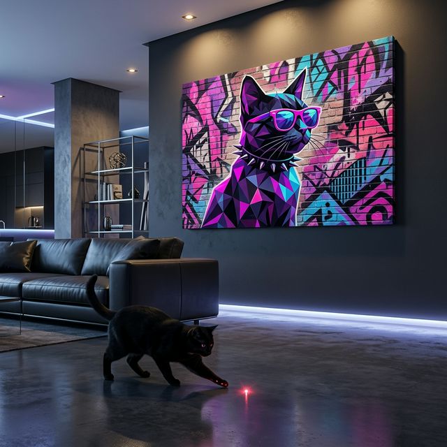 Miami Cool Canvas room mockup; custom cat portrait canvas from photo in the Miami Cool style; black cat; proof before print.