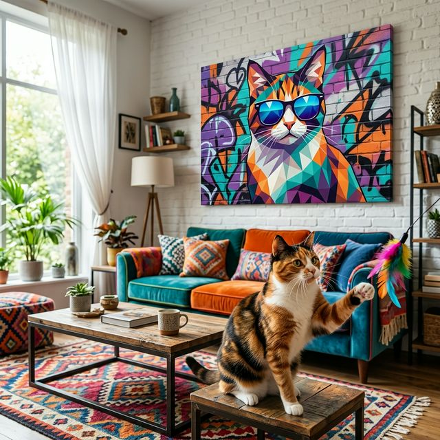 Miami Cool Canvas room mockup; custom cat portrait canvas from photo in the Miami Cool style; calico cat; proof before print.
