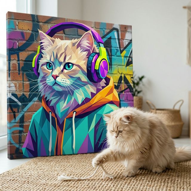 Miami Cool Canvas room mockup; custom cat portrait canvas from photo in the Miami Cool style; longhair cat; proof before print.