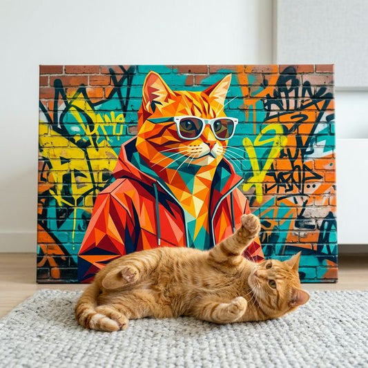 Miami Cool Canvas room mockup; custom cat portrait canvas from photo in the Miami Cool style; orange tabby cat; proof before print.