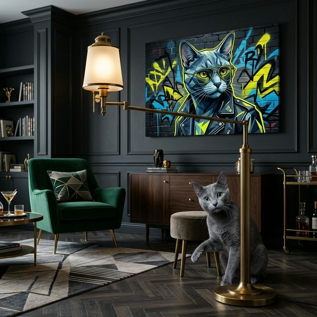 Miami Cool Canvas room mockup; custom cat portrait canvas from photo in the Miami Cool style; gray cat; proof before print.
