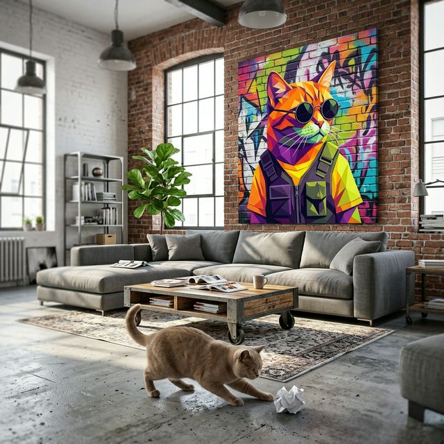 Miami Cool Canvas room mockup; custom cat portrait canvas from photo in the Miami Cool style; gray cat; proof before print.