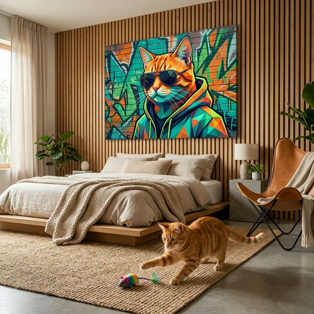 Miami Cool Canvas room mockup; custom cat portrait canvas from photo in the Miami Cool style; tabby cat; proof before print.