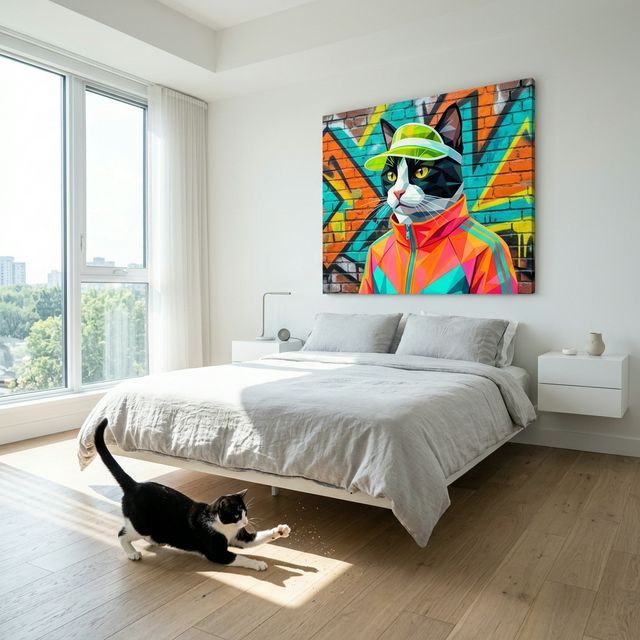 Miami Cool Canvas room mockup; custom cat portrait canvas from photo in the Miami Cool style; tuxedo cat; proof before print.