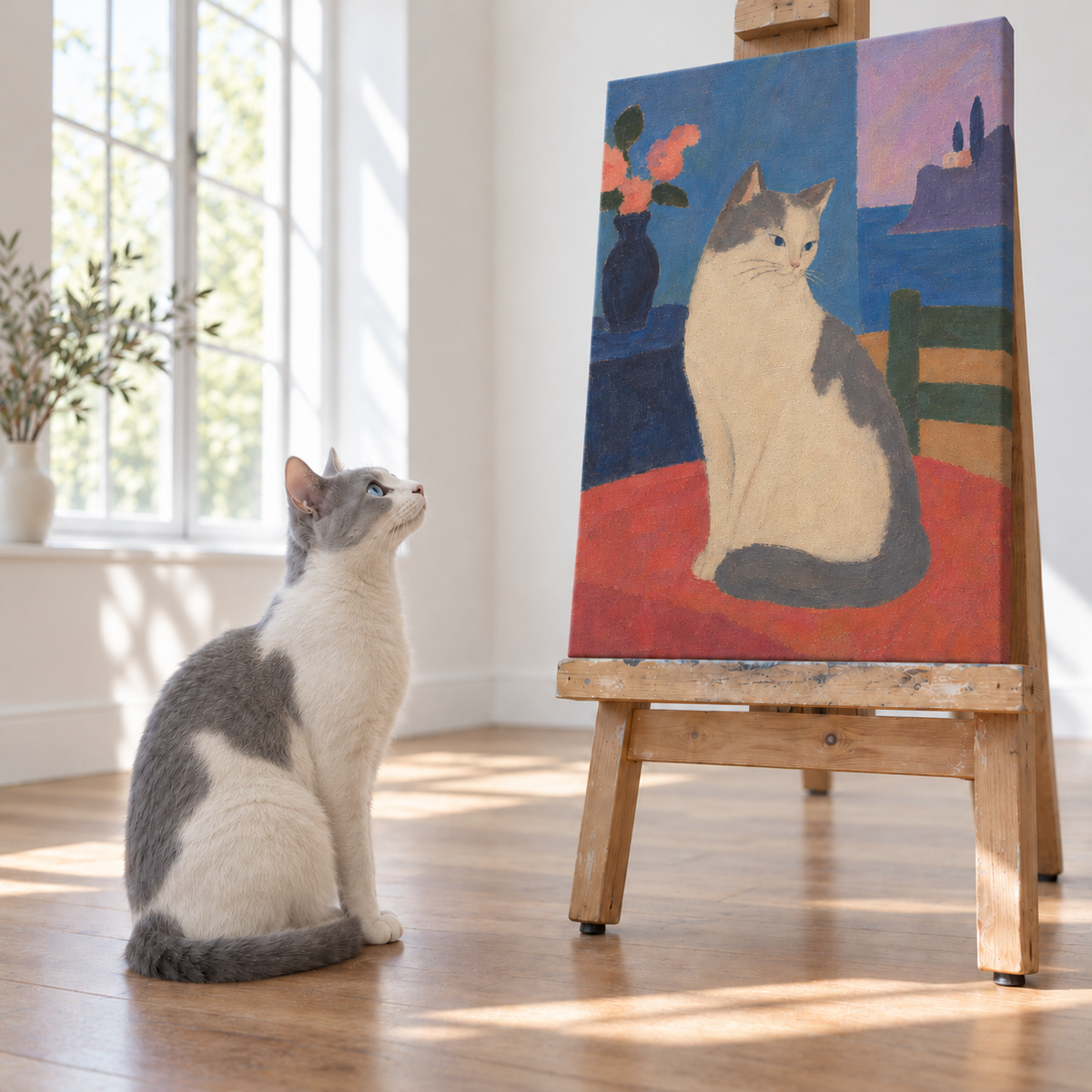 Cat beside its modern minimalism style canvas portrait
