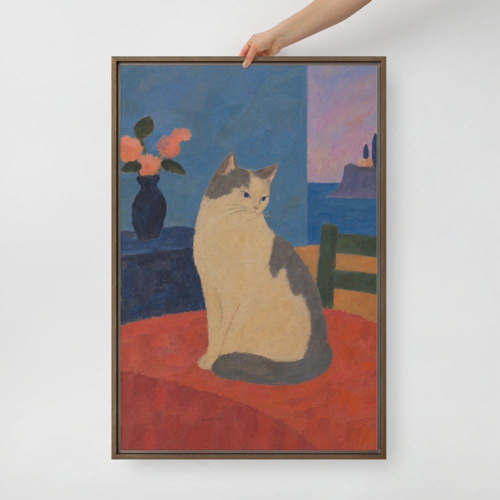 Modern Minimalism cat portrait canvas print, 24 x 36 in, in a brown floating frame