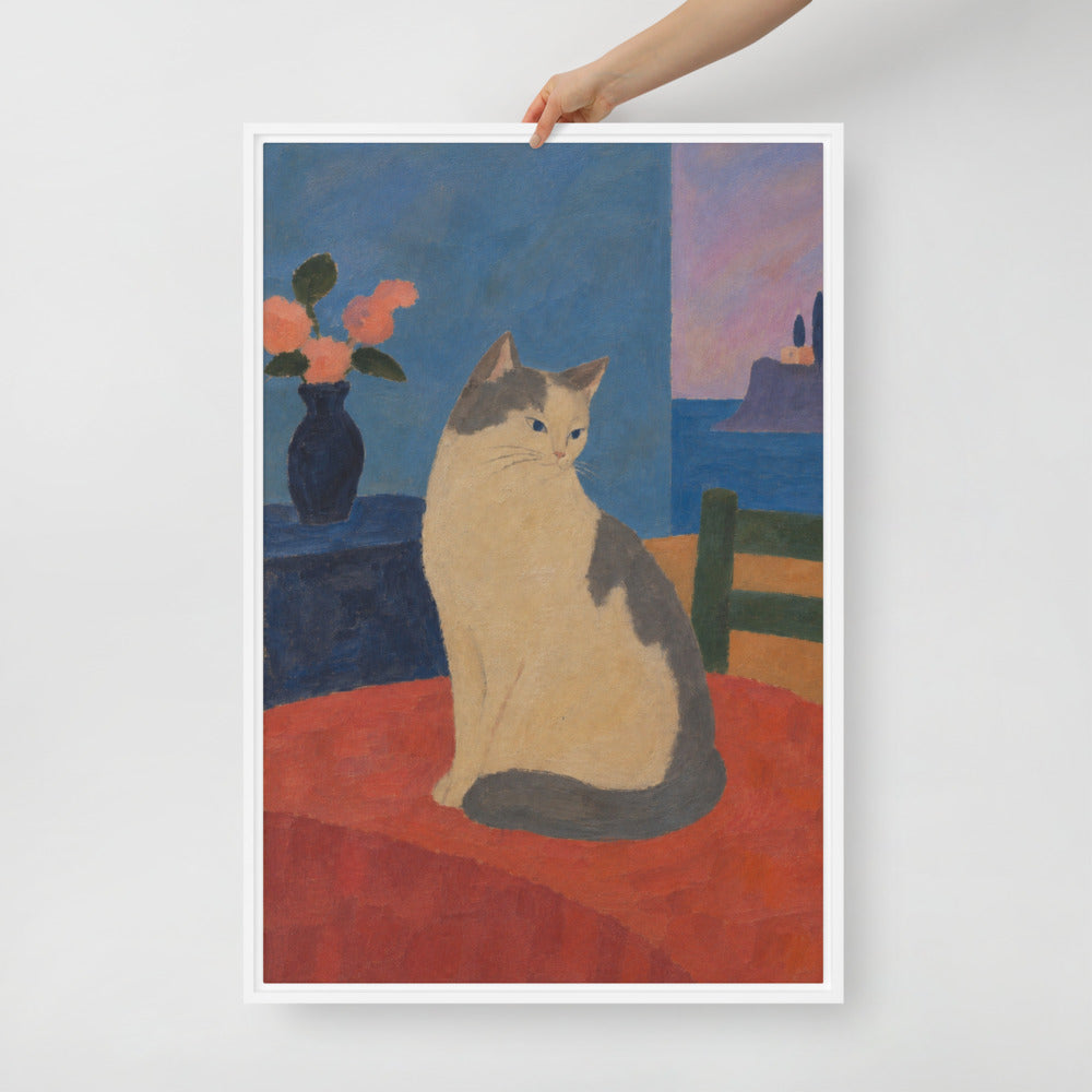 Modern Minimalism cat portrait canvas print, 24 x 36 in, in a white floating frame