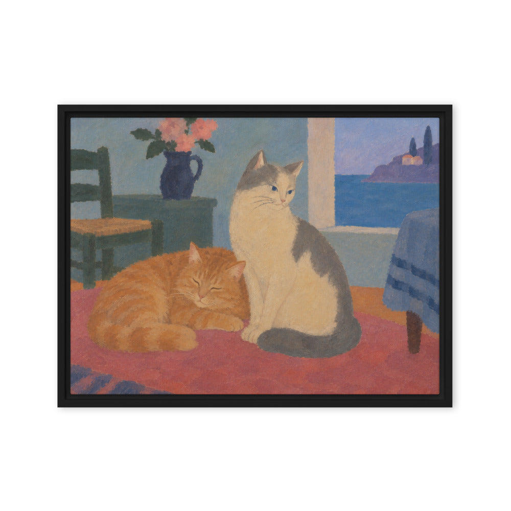 Modern Minimalism portrait of 2 cats, canvas print in a black floating frame