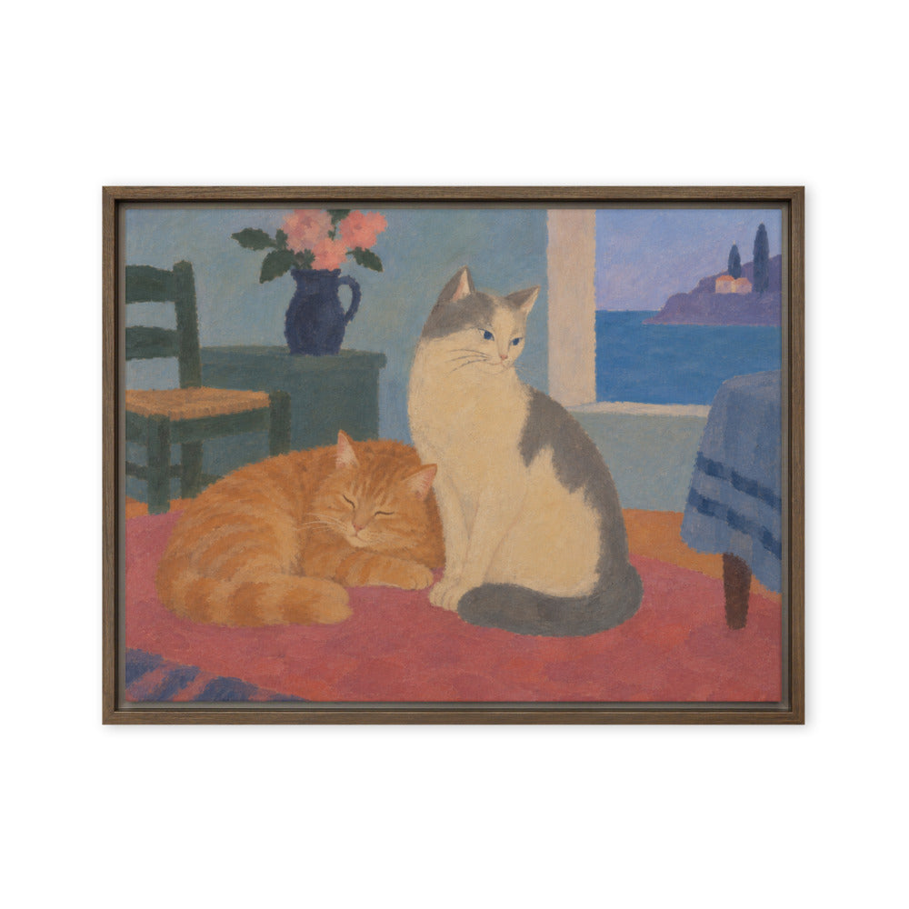 Modern Minimalism portrait of 2 cats, canvas print in a brown floating frame