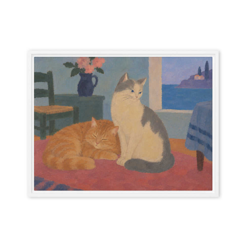 Modern Minimalism portrait of 2 cats, canvas print in a white floating frame