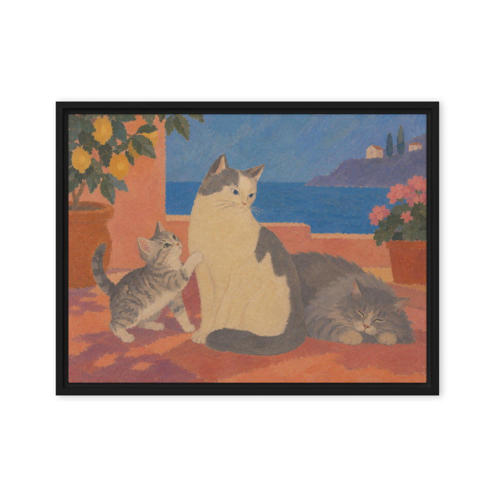 Modern Minimalism portrait of 3 cats, canvas print in a black floating frame